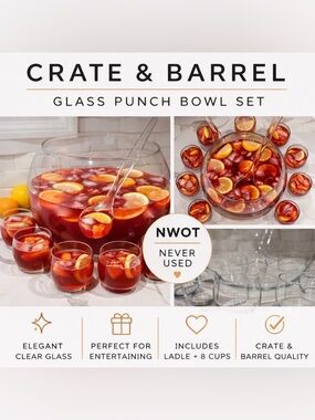 Crate & Barrel Clear Glass Punch Bowl Set w/ Ladle & 8 Glass Cups NWOT